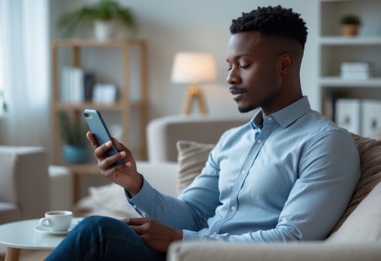 Pessoa sentada em uma sala moderna segurando um smartphone com expressão pensativa.
