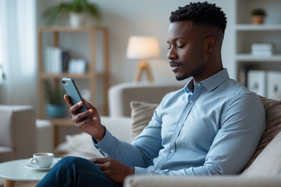 Pessoa sentada em uma sala moderna segurando um smartphone com expressão pensativa.