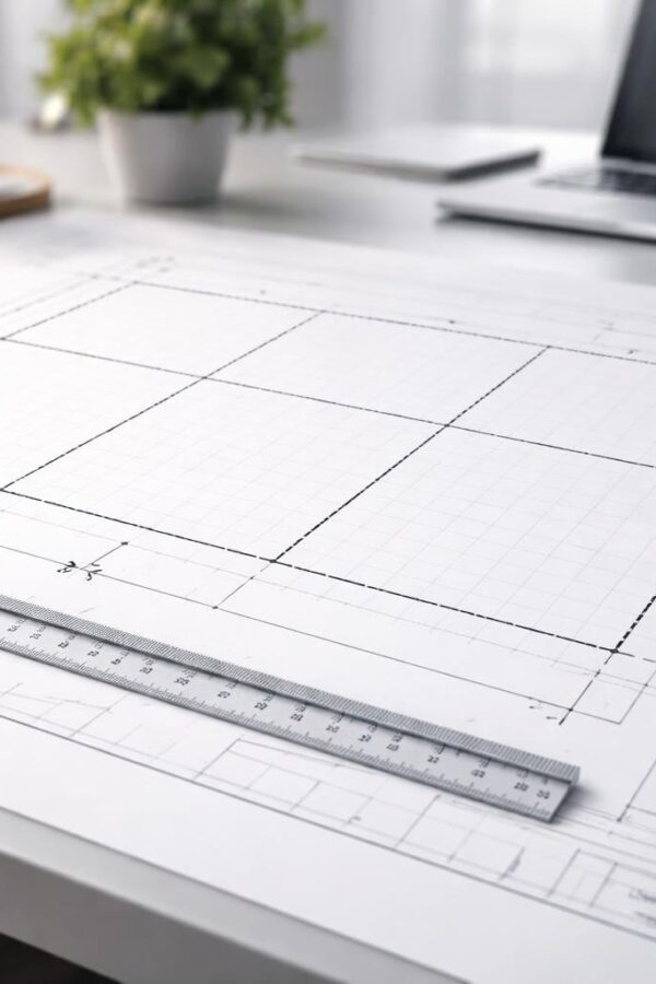 Mesa de trabalho com uma planta baixa mostrando uma escala 3x2, com régua e lápis ao lado.