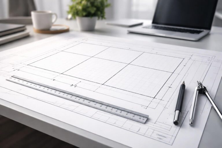 Mesa de trabalho com uma planta baixa mostrando uma escala 3x2, com régua e lápis ao lado.