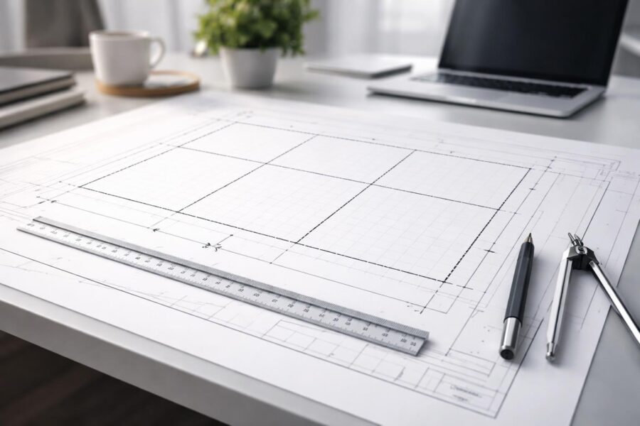 Mesa de trabalho com uma planta baixa mostrando uma escala 3x2, com régua e lápis ao lado.