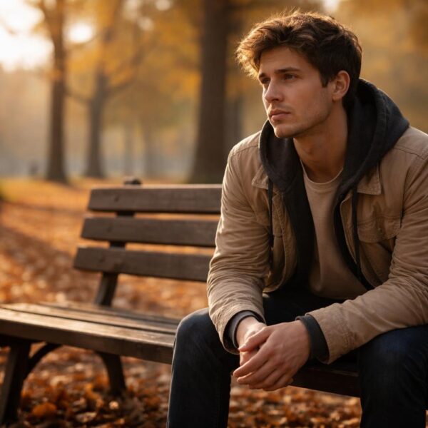 Pessoa jovem sentada sozinha em um banco de parque, olhando para o horizonte com expressão pensativa em um dia de outono.
