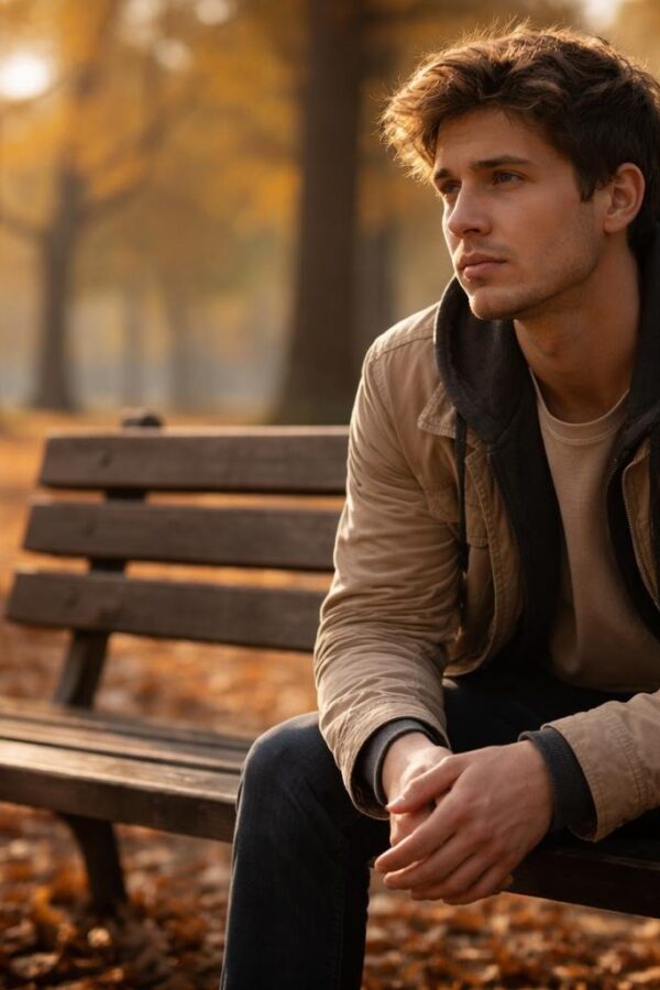 Pessoa jovem sentada sozinha em um banco de parque, olhando para o horizonte com expressão pensativa em um dia de outono.