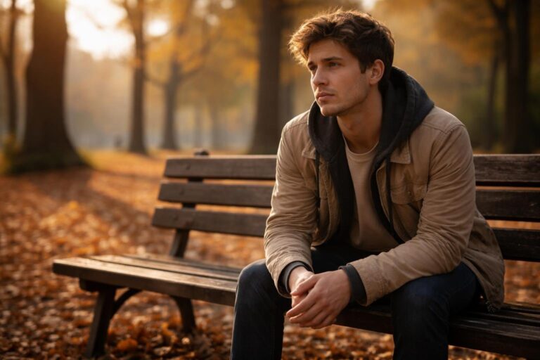 Pessoa jovem sentada sozinha em um banco de parque, olhando para o horizonte com expressão pensativa em um dia de outono.