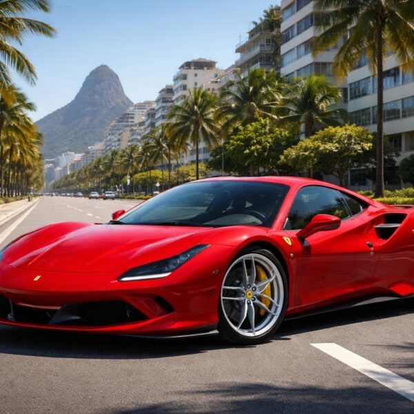 Um carro esportivo Ferrari vermelho estacionado em uma rua urbana com arquitetura brasileira e céu azul ao fundo.