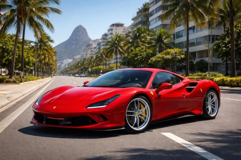 Um carro esportivo Ferrari vermelho estacionado em uma rua urbana com arquitetura brasileira e céu azul ao fundo.