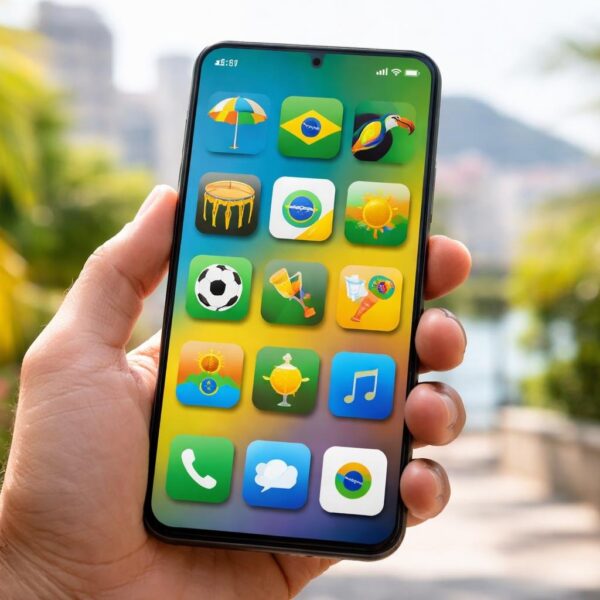 Uma mão segurando um smartphone moderno com tela colorida, em um ambiente urbano brasileiro desfocado ao fundo.