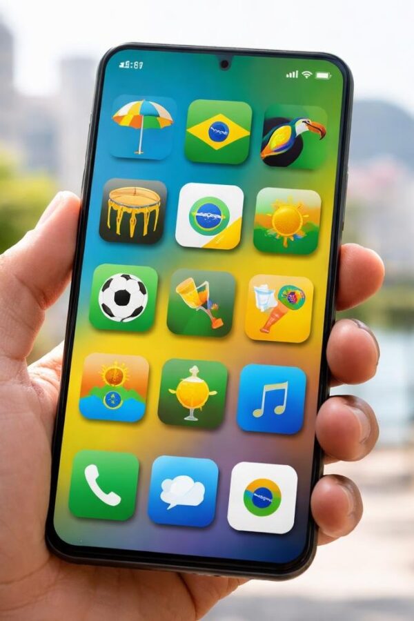 Uma mão segurando um smartphone moderno com tela colorida, em um ambiente urbano brasileiro desfocado ao fundo.