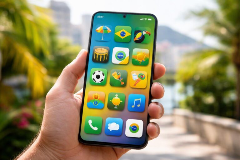 Uma mão segurando um smartphone moderno com tela colorida, em um ambiente urbano brasileiro desfocado ao fundo.