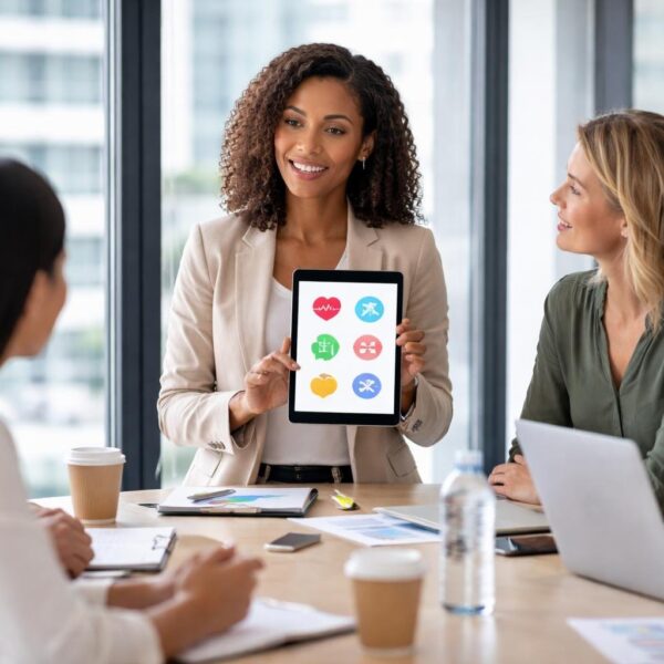 Grupo de profissionais em reunião de negócios em um escritório moderno, com uma mulher mostrando um tablet para os colegas.