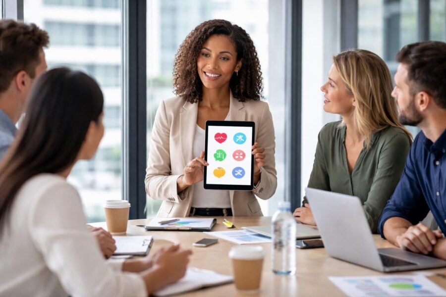 Grupo de profissionais em reunião de negócios em um escritório moderno, com uma mulher mostrando um tablet para os colegas.