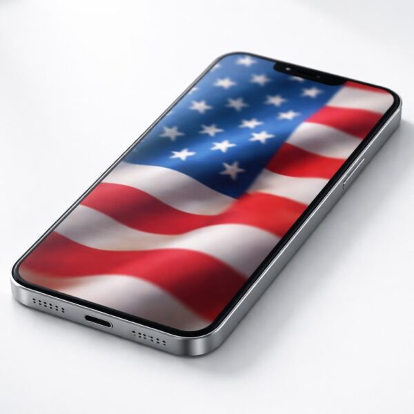 Um smartphone moderno com design elegante sobre uma superfície branca, exibindo uma imagem da bandeira americana na tela.
