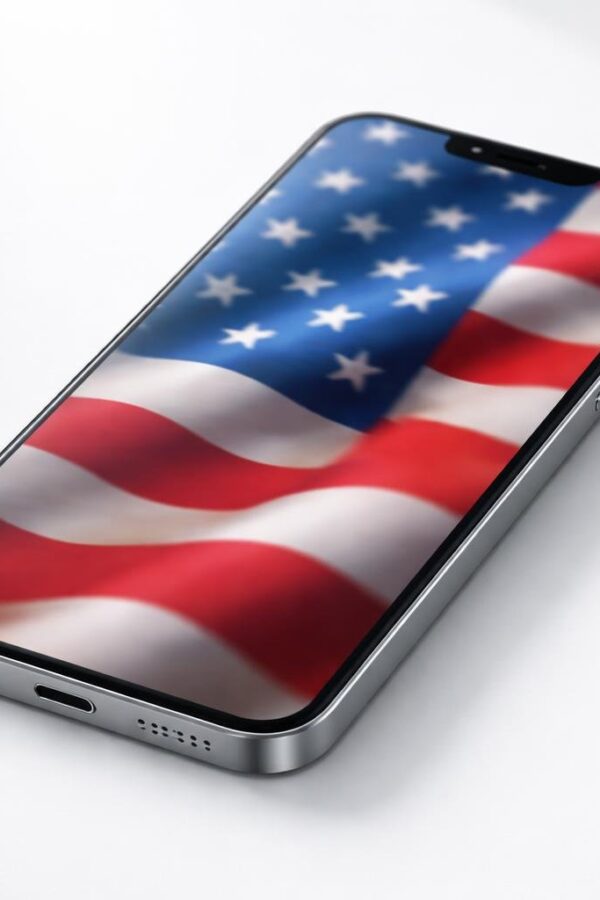 Um smartphone moderno com design elegante sobre uma superfície branca, exibindo uma imagem da bandeira americana na tela.
