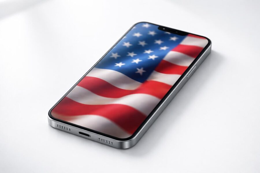 Um smartphone moderno com design elegante sobre uma superfície branca, exibindo uma imagem da bandeira americana na tela.