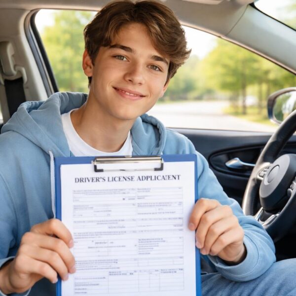 Jovem sentado no banco do motorista de um carro moderno, segurando um formulário para carteira de motorista e sorrindo, com uma rua suburbana ao fundo.