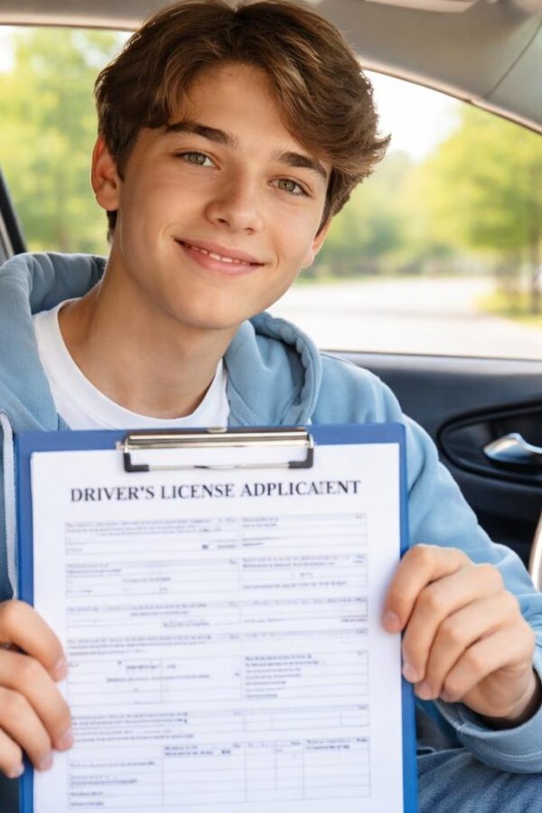 Jovem sentado no banco do motorista de um carro moderno, segurando um formulário para carteira de motorista e sorrindo, com uma rua suburbana ao fundo.