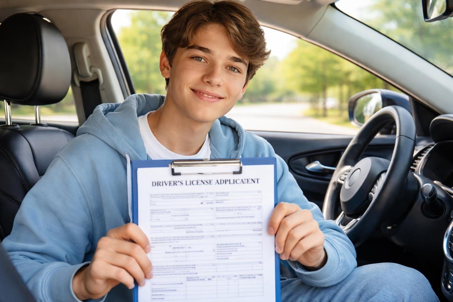 Jovem sentado no banco do motorista de um carro moderno, segurando um formulário para carteira de motorista e sorrindo, com uma rua suburbana ao fundo.