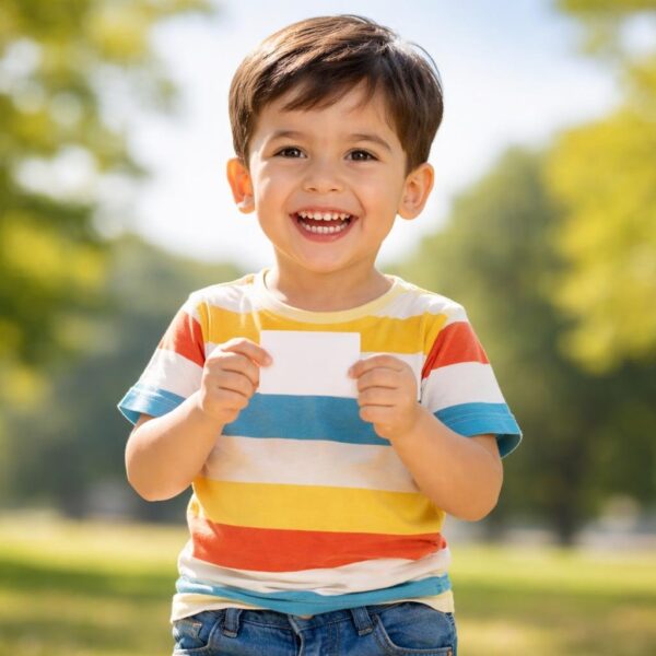Um menino pequeno sorrindo ao ar livre em um parque ensolarado, segurando um cartão nas mãos.