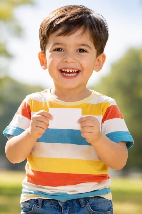 Um menino pequeno sorrindo ao ar livre em um parque ensolarado, segurando um cartão nas mãos.