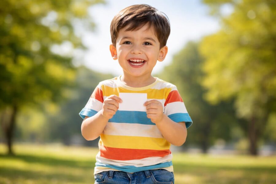 Um menino pequeno sorrindo ao ar livre em um parque ensolarado, segurando um cartão nas mãos.
