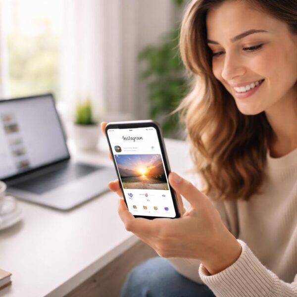 Mulher jovem sorrindo enquanto usa um smartphone com o aplicativo Instagram aberto, sentada em uma mesa moderna em um escritório em casa iluminado.