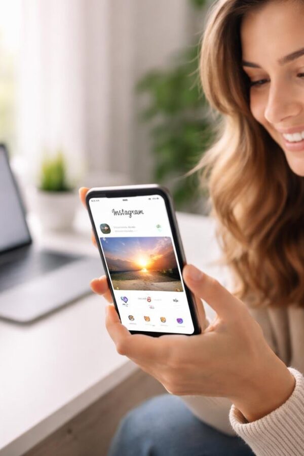 Mulher jovem sorrindo enquanto usa um smartphone com o aplicativo Instagram aberto, sentada em uma mesa moderna em um escritório em casa iluminado.