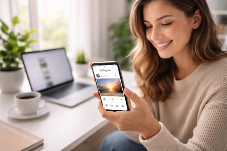 Mulher jovem sorrindo enquanto usa um smartphone com o aplicativo Instagram aberto, sentada em uma mesa moderna em um escritório em casa iluminado.