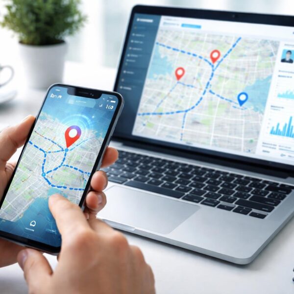 Pessoa usando smartphone com mapa digital e marcadores de localização, com laptop mostrando dados de rastreamento em uma mesa organizada.
