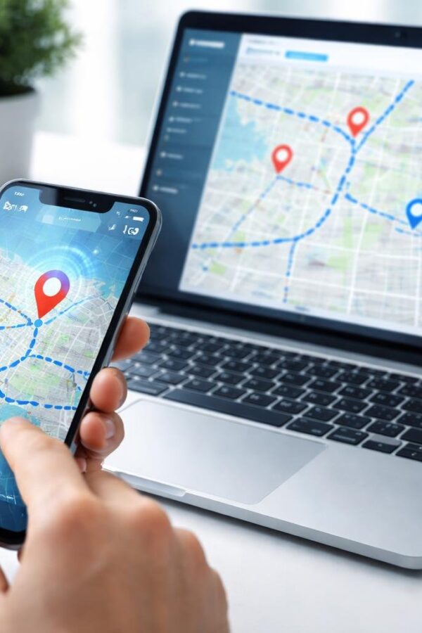 Pessoa usando smartphone com mapa digital e marcadores de localização, com laptop mostrando dados de rastreamento em uma mesa organizada.