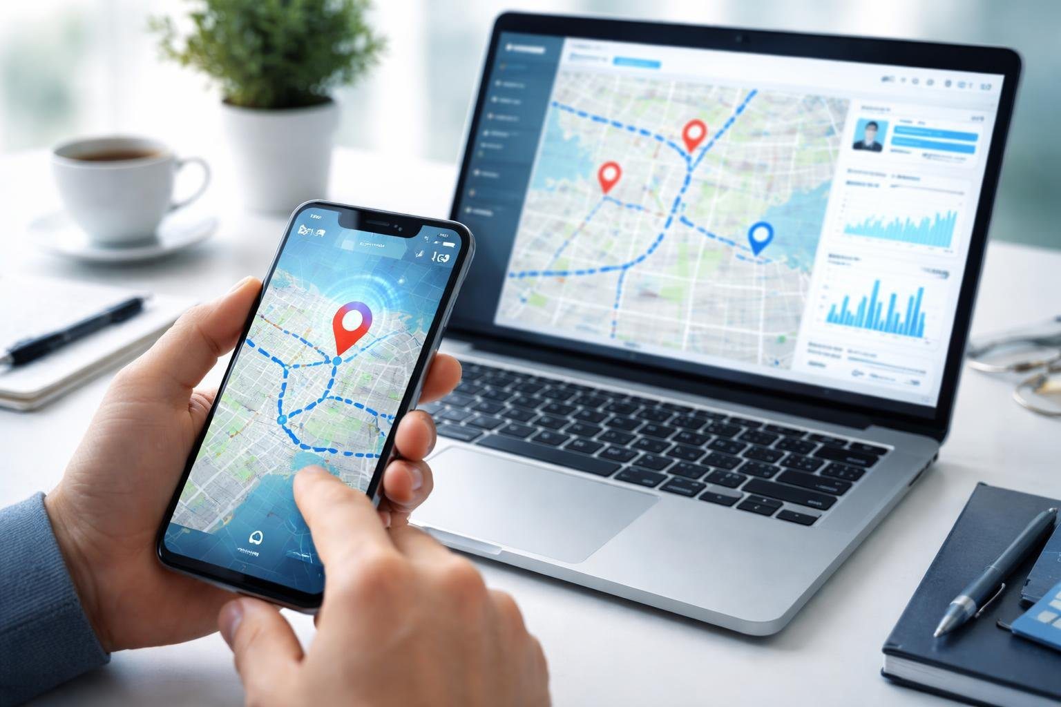 Pessoa usando smartphone com mapa digital e marcadores de localização, com laptop mostrando dados de rastreamento em uma mesa organizada.
