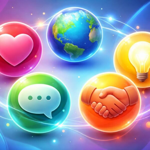 Cinco esferas coloridas flutuando, cada uma representando palavras importantes por símbolos como coração, globo, balão de fala, aperto de mãos e lâmpada, conectadas por linhas brilhantes em um fundo azul e roxo.