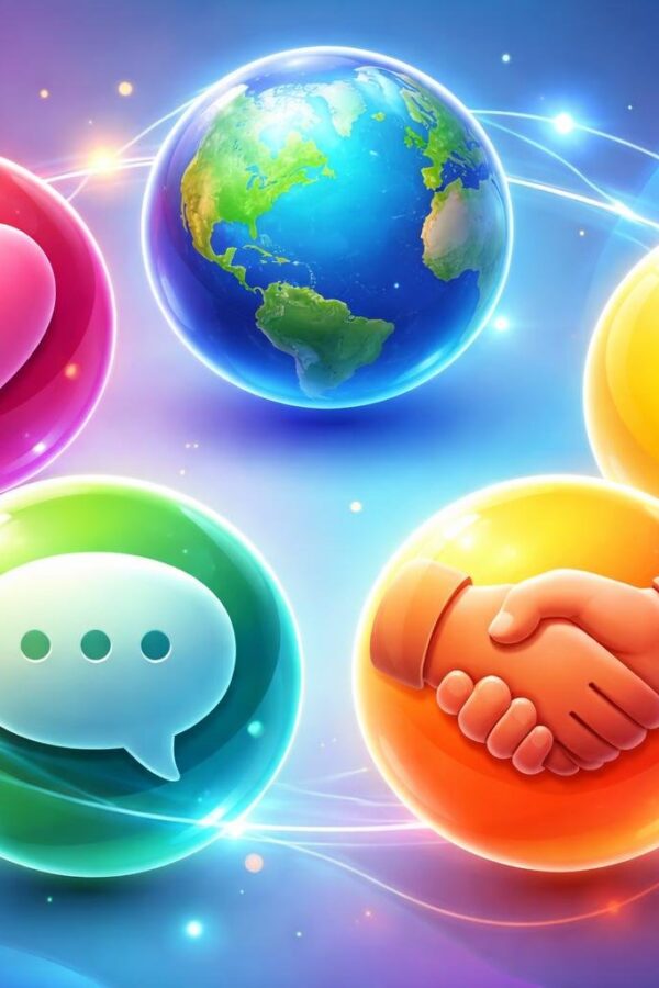Cinco esferas coloridas flutuando, cada uma representando palavras importantes por símbolos como coração, globo, balão de fala, aperto de mãos e lâmpada, conectadas por linhas brilhantes em um fundo azul e roxo.