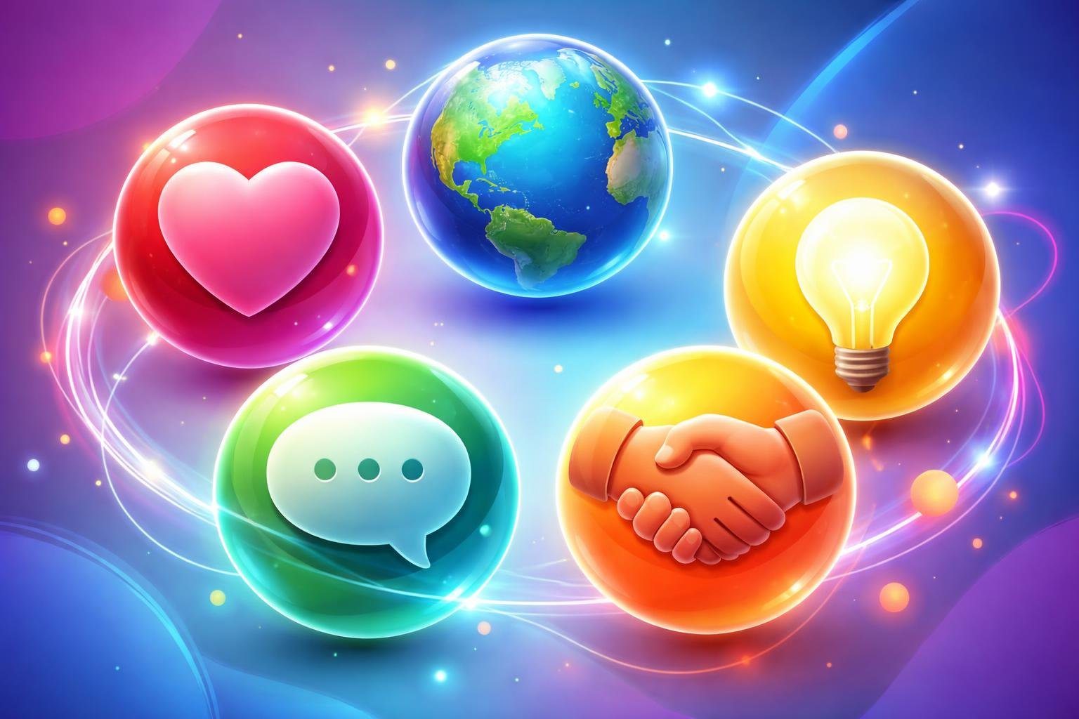 Cinco esferas coloridas flutuando, cada uma representando palavras importantes por símbolos como coração, globo, balão de fala, aperto de mãos e lâmpada, conectadas por linhas brilhantes em um fundo azul e roxo.