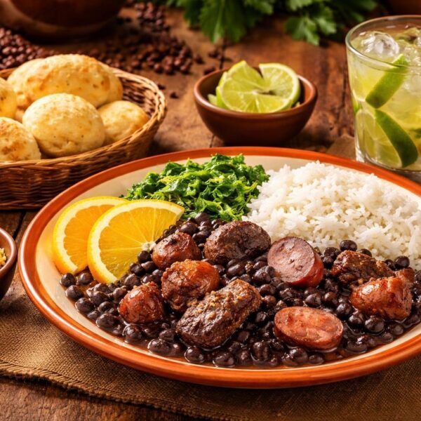 Mesa com comida típica da região sudeste do Brasil, incluindo feijoada, arroz, couve, laranja, farofa, pão de queijo e um copo de caipirinha.