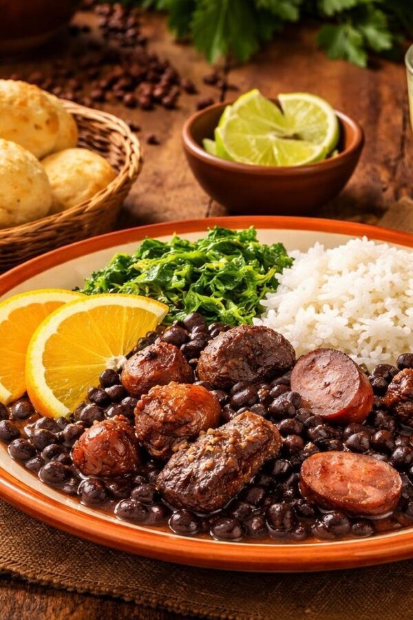 Mesa com comida típica da região sudeste do Brasil, incluindo feijoada, arroz, couve, laranja, farofa, pão de queijo e um copo de caipirinha.