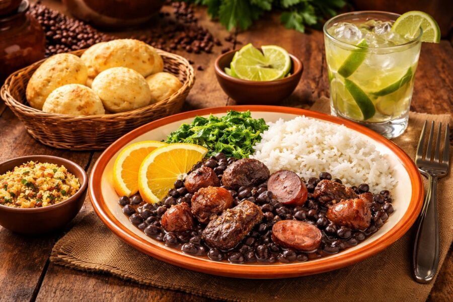 Mesa com comida típica da região sudeste do Brasil, incluindo feijoada, arroz, couve, laranja, farofa, pão de queijo e um copo de caipirinha.