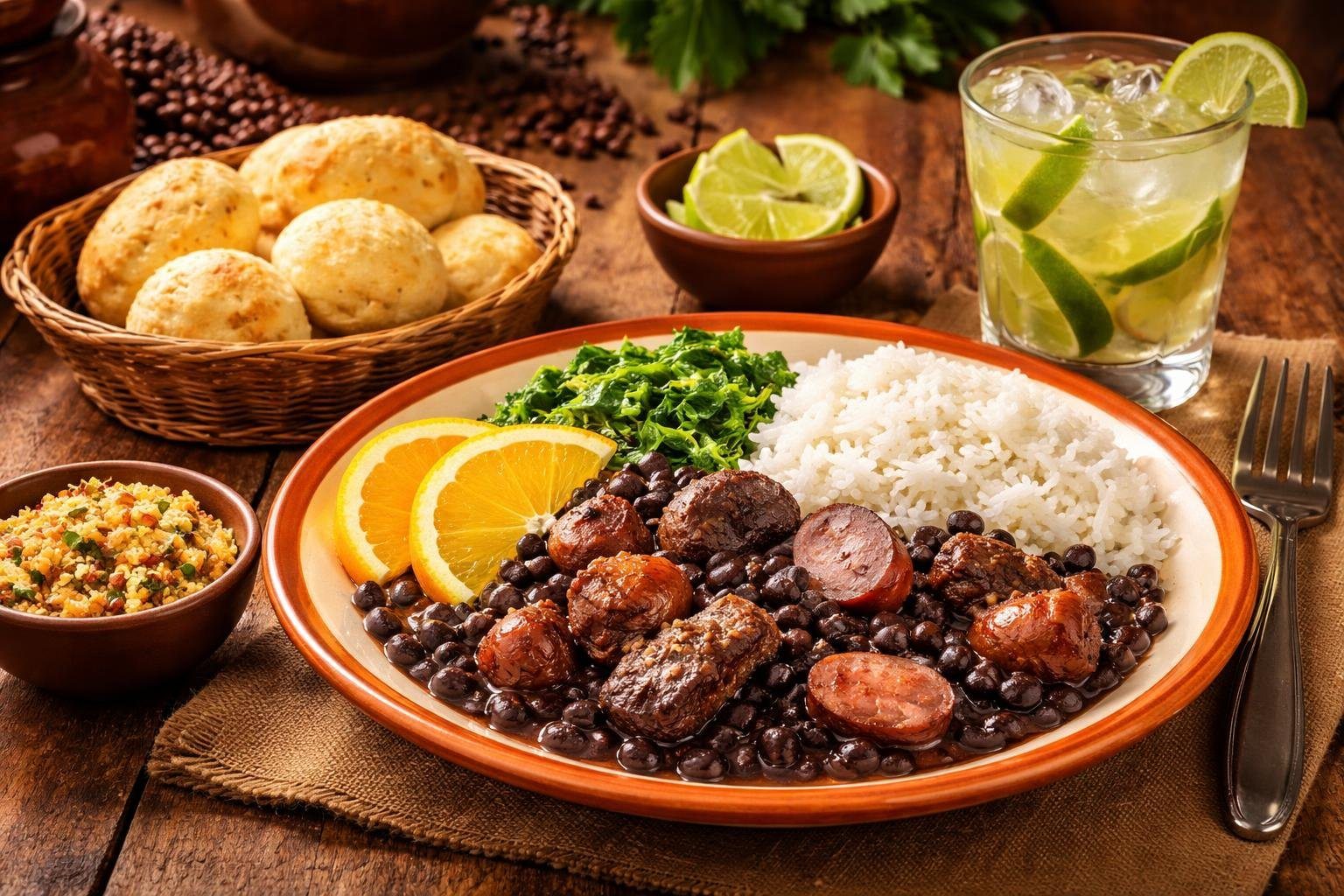 Mesa com comida típica da região sudeste do Brasil, incluindo feijoada, arroz, couve, laranja, farofa, pão de queijo e um copo de caipirinha.