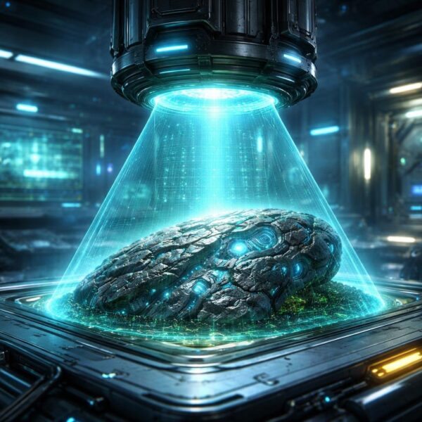 Um dispositivo futurista escaneando um objeto suspeito em um laboratório de alta tecnologia.