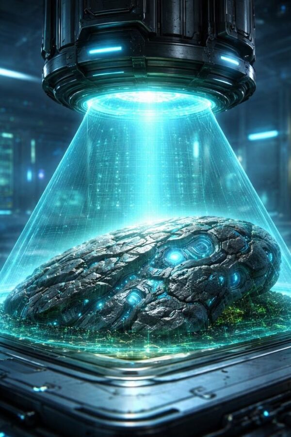 Um dispositivo futurista escaneando um objeto suspeito em um laboratório de alta tecnologia.