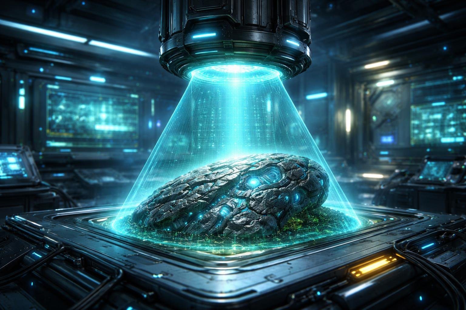 Um dispositivo futurista escaneando um objeto suspeito em um laboratório de alta tecnologia.