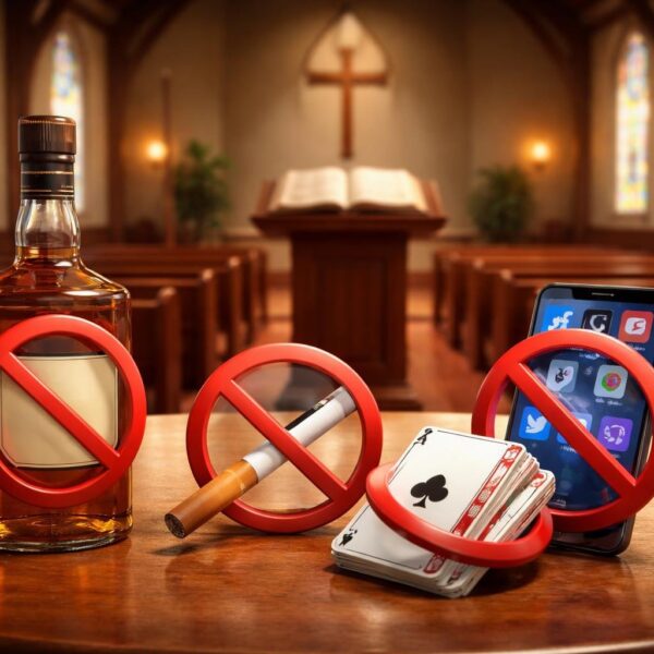 Interior de uma igreja com objetos simbólicos proibidos pela igreja batista, como álcool, cigarro, cartas de baralho e redes sociais, destacados em uma mesa à frente do altar.