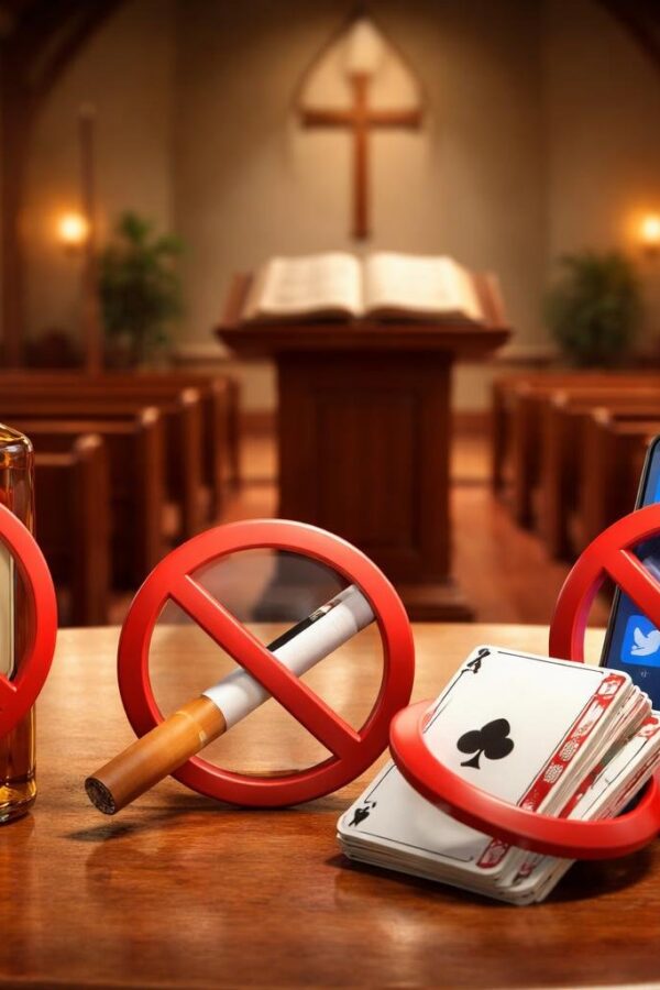 Interior de uma igreja com objetos simbólicos proibidos pela igreja batista, como álcool, cigarro, cartas de baralho e redes sociais, destacados em uma mesa à frente do altar.