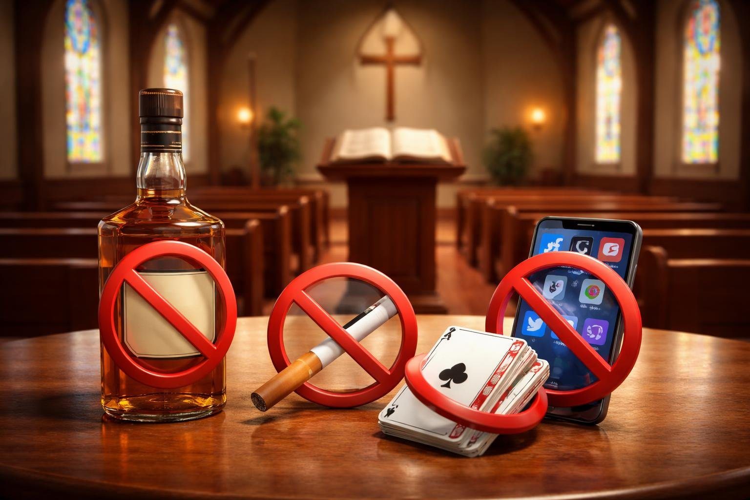 Interior de uma igreja com objetos simbólicos proibidos pela igreja batista, como álcool, cigarro, cartas de baralho e redes sociais, destacados em uma mesa à frente do altar.