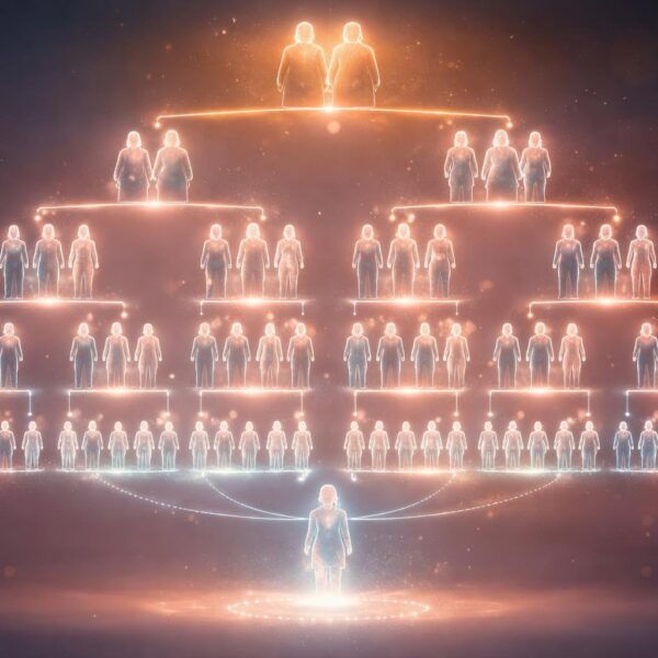 Representação visual de uma árvore genealógica mostrando várias gerações de uma família, incluindo um espaço para a geração após o tataraneto.