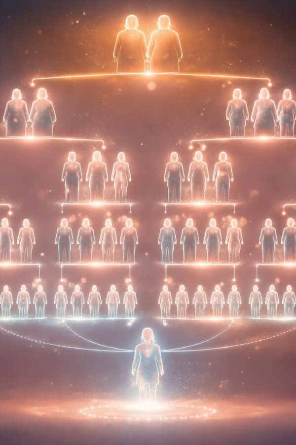 Representação visual de uma árvore genealógica mostrando várias gerações de uma família, incluindo um espaço para a geração após o tataraneto.