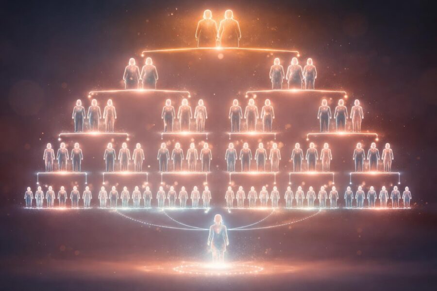 Representação visual de uma árvore genealógica mostrando várias gerações de uma família, incluindo um espaço para a geração após o tataraneto.