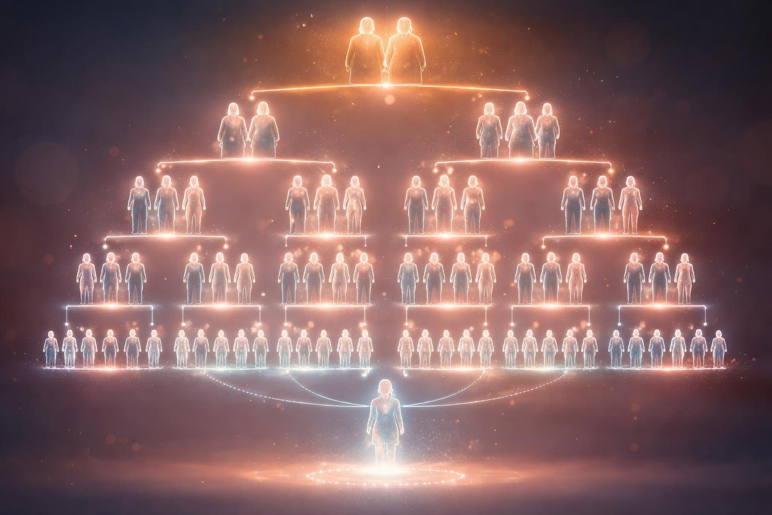 Representação visual de uma árvore genealógica mostrando várias gerações de uma família, incluindo um espaço para a geração após o tataraneto.