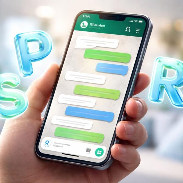 Uma mão segurando um smartphone com a tela do WhatsApp aberta, com letras 3D flutuantes formando 'PSR' ao redor do aparelho.