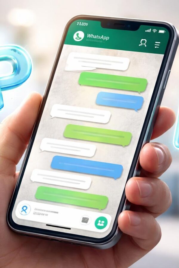 Uma mão segurando um smartphone com a tela do WhatsApp aberta, com letras 3D flutuantes formando 'PSR' ao redor do aparelho.