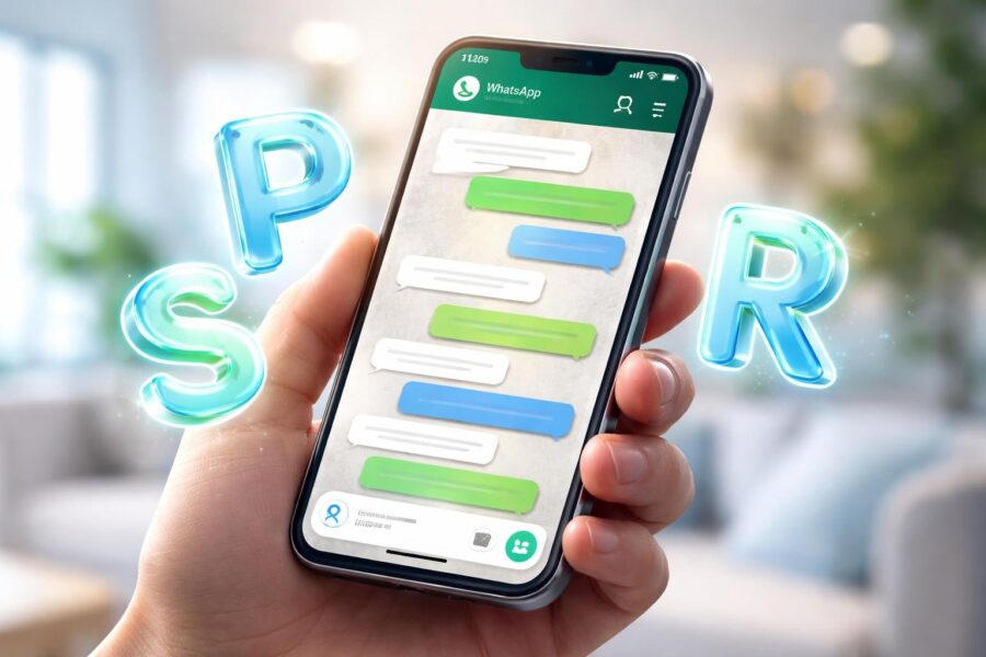Uma mão segurando um smartphone com a tela do WhatsApp aberta, com letras 3D flutuantes formando 'PSR' ao redor do aparelho.